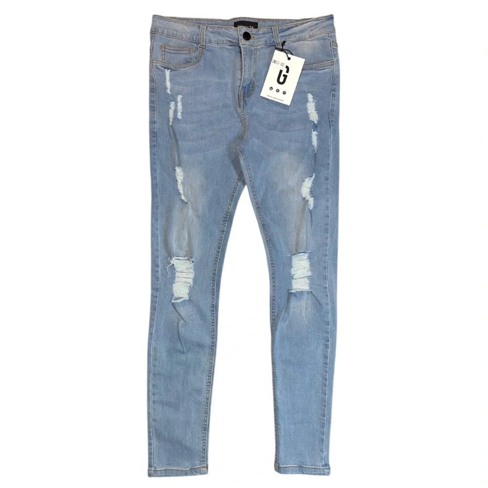 Gingtto Men’s Light Wash Distressed Skinny Jeans | Size 32x28